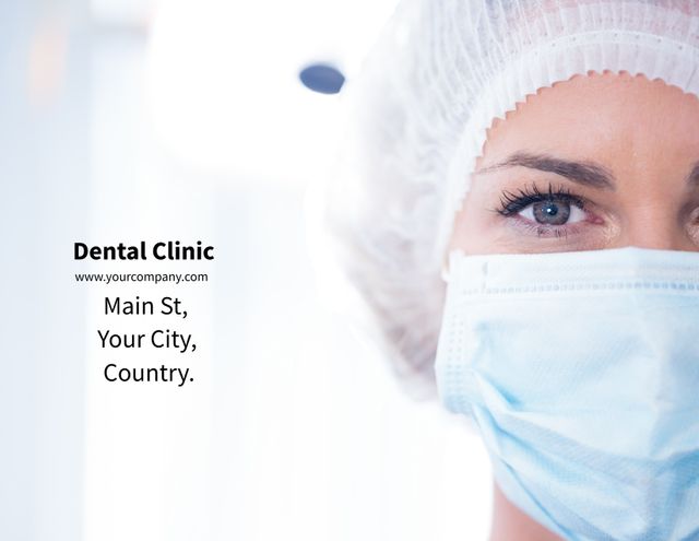 Promoting healthcare services, a close-up of a dentist wearing a surgical mask instills a sense of professionalism and trust. Ideal for dental clinic advertisements or medical professional profiles.