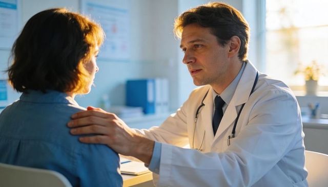 Doctor comforting patient during consultation in sunlit clinic offering compassionate care