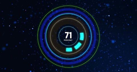 Displaying neon circular hud gauge showing 71 percent progress with glowing rings