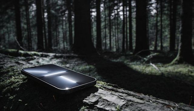 Smartphone resting on mossy log reflecting crossed sunbeams in moody pine forest