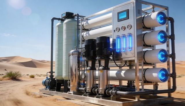 Desert reverse osmosis skid delivering clean water with illuminated flow meters and pressure pumps