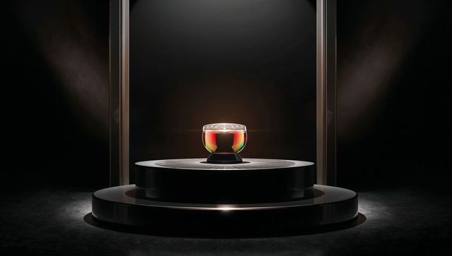 Iridescent Glass Bowl on Reflective Black Pedestal Spotlighted on Minimalist Circular Stage