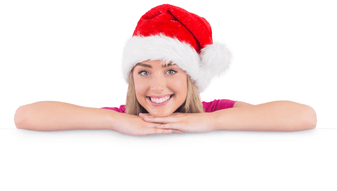 Festive Blonde Woman in Santa Hat Displaying Blank Poster on Transparent Background