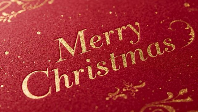 Luxury red christmas card with gold-foil merry christmas embossing and glitter detail