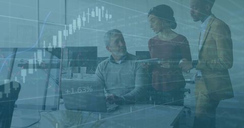 Diverse business team discussing digital financial data