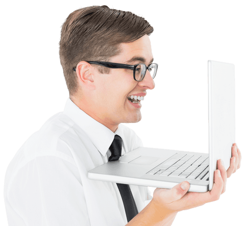 Excited Businessman Holding Open Laptop Transparent Background - Download Free Stock Videos Pikwizard.com