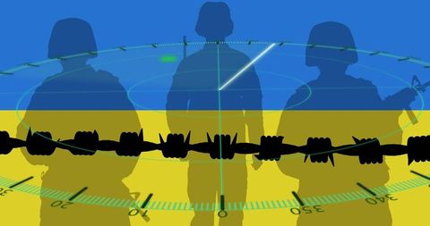 Ukrainian Crisis: Radar and Soldiers Against Stylized Flag
