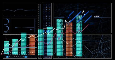Data visualization dashboard with interactive bar graphs and line charts