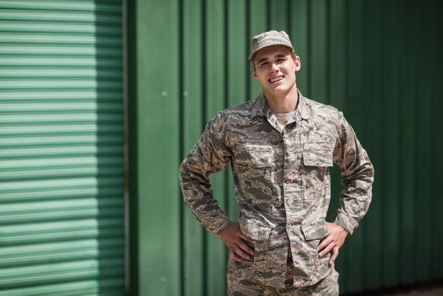 Portrait of smiling military soldier standing with hands on hip in boot camp