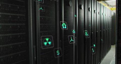 Green Technology Icons Hovering Amidst Dimly Lit Server Room - Download Free Stock Images Pikwizard.com