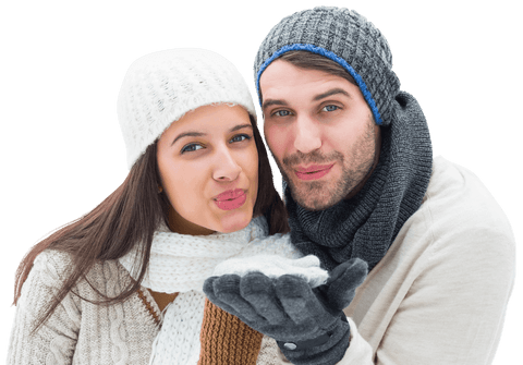 Winter Love: Caucasian Couple in Warm Hats and Scarves, Transparent Background