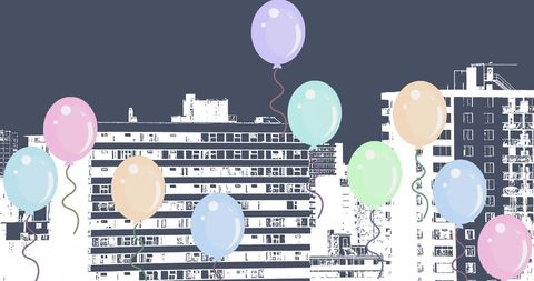 Floating Pastel Balloons Over Urban Cityscape Illustration - Download Free Stock Images Pikwizard.com