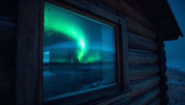 Magical northern lights reflection on log cabin window at night