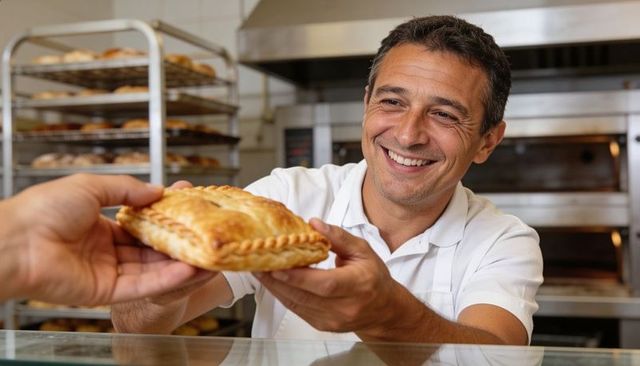 Smiling baker handing braided pastry over counter, friendly artisan customer service