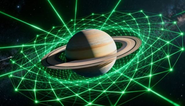 Orbiting ringed gas giant surrounded by glowing neon lattice network with approaching probe