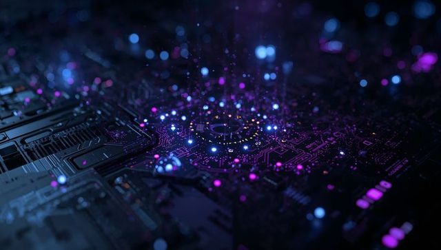 Futuristic Circuit Board with Pulsing Lights and Violet Nodes