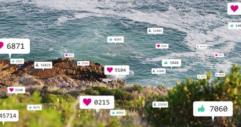 Social media interaction overlay on coastal landscape