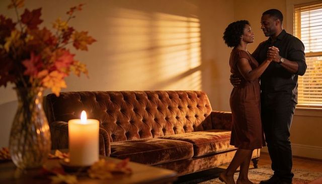 Couple dancing in candlelit living room with velvet tufted sofa and warm autumn sunlight