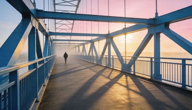 Solitary pedestrian walking on blue steel truss bridge at misty sunrise with long shadows