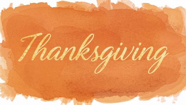Golden Thanksgiving Lettering on Orange Watercolor Wash Background