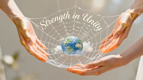 Hands Holding Web Cradling Earth in Sunlight With 'Strength in Unity' Message