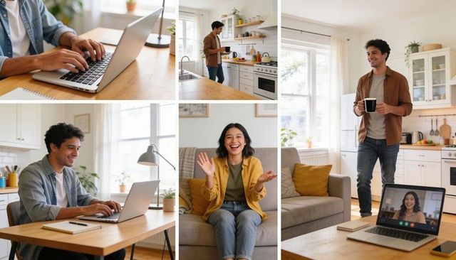 Remote work morning man holding coffee smiling at laptop in sunlit kitchen