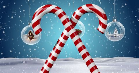 Festive Candy Canes with Snowy Christmas Ornaments