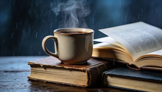 Steaming coffee cup on vintage books with open book and rain for cozy reading mood