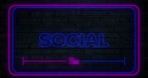 Neon Social Distancing Sign Against Dark Brick Wall