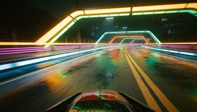 Gliding sports car hood reflecting neon arches on wet urban highway at night, double yellow lines