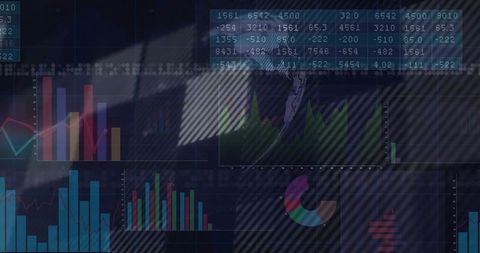 Dark dashboard displaying neon bar and line charts with translucent panels visualizing data