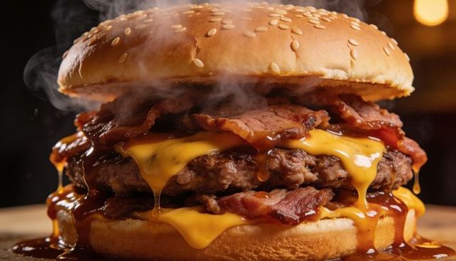 Double bacon cheeseburger melting cheddar dripping barbecue sauce steaming bun
