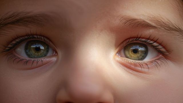 Extreme close-up toddler hazel eyes with window catchlight and fine skin texture