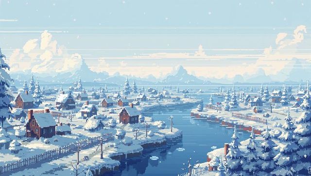 Pixel-art winter village along winding river with snow-covered cabins and piers