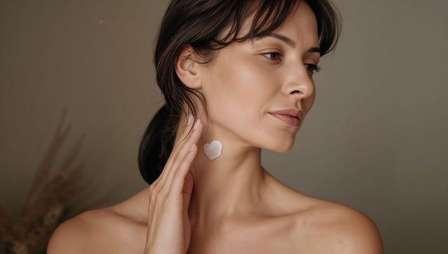 Woman applying moisturizer to neck closeup skincare routine natural beauty portrait