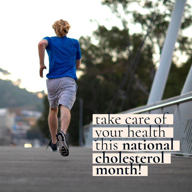 A man running is promoting National Cholesterol Month and encouraging viewers to take care of their health. This can be used in health awareness campaigns, fitness motivations, wellness blog posts, social media posts promoting an active lifestyle, and health-promotion articles.