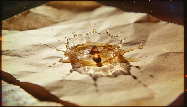 Amber liquid crown splash with rebound droplet on crumpled paper, golden macro detail