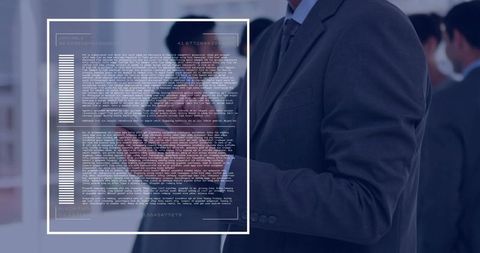 Business professional holding smartphone viewing AR overlay at corporate networking event