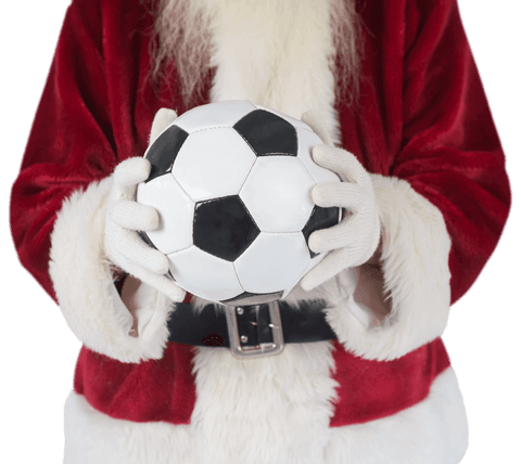 Santa claus holding soccer ball on transparent background