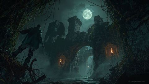 Explorer Adventuring in Misty Ancient Ruins Under Full Moon