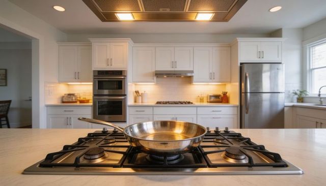 Stainless-steel frying pan sitting on gas cooktop on quartz island in sunlit modern kitchen