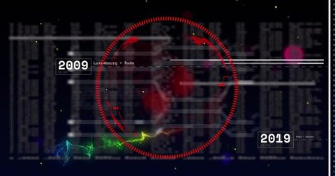 Animating red radar gauge centering holographic data dashboard with 2009 and 2019 timelines