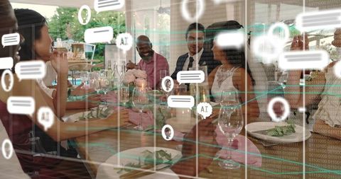 Multigenerational dinner party with baby and ai chat overlay on outdoor dining table