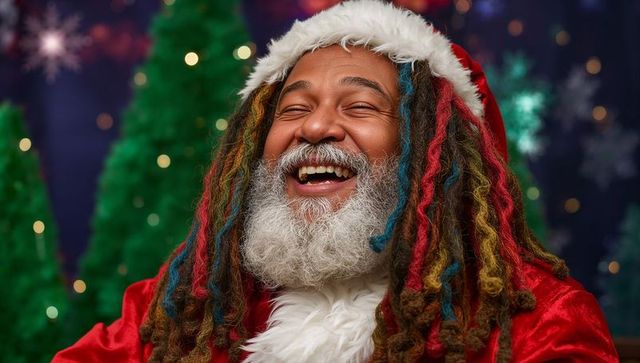 Laughing santa in holiday setting with glowing christmas trees