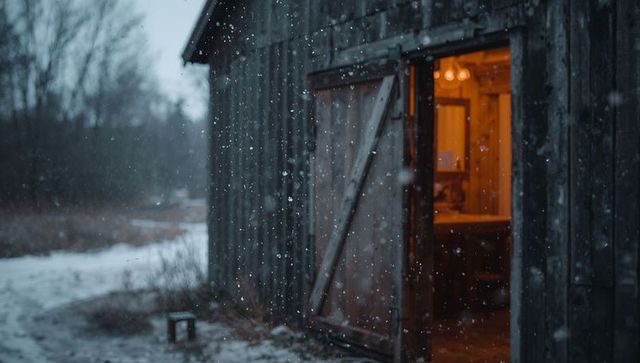 Warm-lit rustic barn doorway in snowy twilight, weathered wood, falling snow, cozy interior