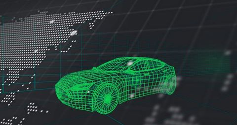 Futuristic wireframe sports car with world map overlay