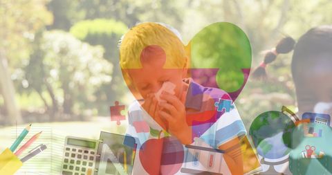 Children Sneezing with Learning Tools Background for Education Awareness