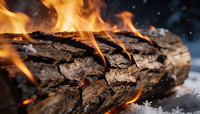 Charred log burning on snowy ground with glowing embers, orange flames and flying sparks