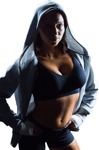 Transparent Female Athlete in Hoodie in Dramatic Lighting