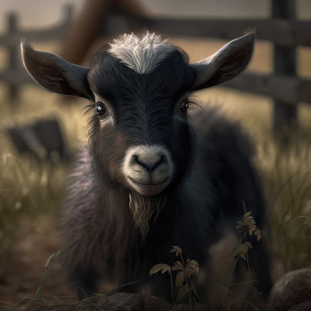 Precious baby goat standing in farm environment, softly lit by natural light. Perfect for use in farming, agriculture, rural lifestyle, and children’s educational content. Captures the innocence and endearing nature of young animals, ideal for websites, blogs, and social media sharing about farming, pets, and countryside living.